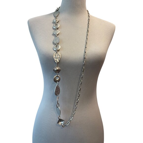 Chicos Long Silver-Tone Geometric Link Necklace With Unique Shapes 44” - Picture 1 of 6